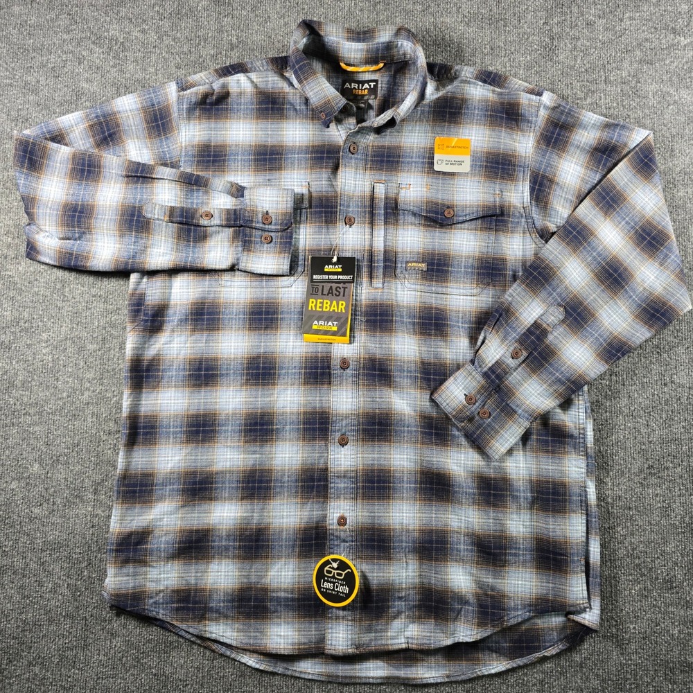 NWT Ariat Rebar DuraStretch Flannel Work Shirt Blue Khaki Plaid 10046794 Mens L